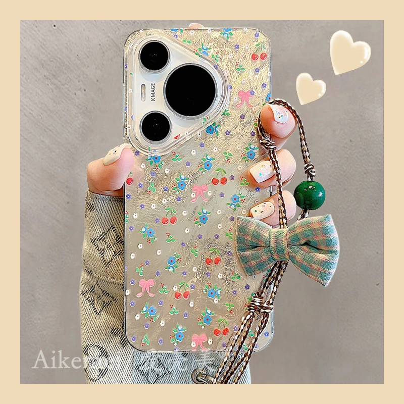 适用华为pura70pro+手机壳p60pro小清新nova12樱桃碎花荣耀90链条