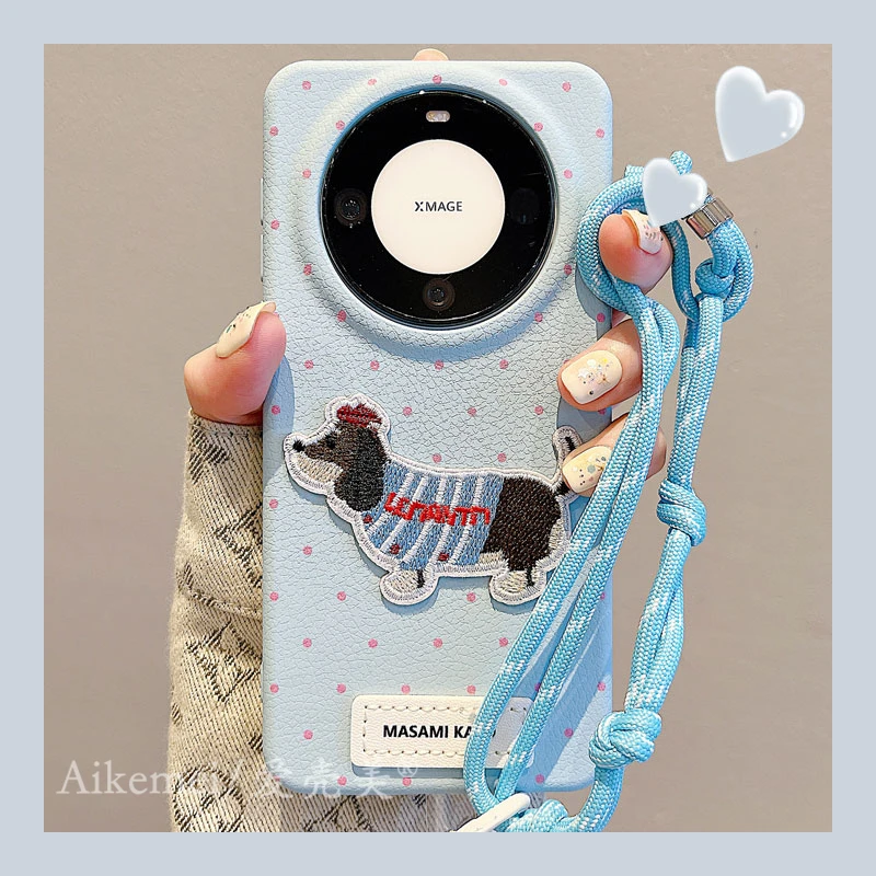 适用华为mate60pro+手机壳mate50pro波点皮纹Mate40pro刺绣狗狗女