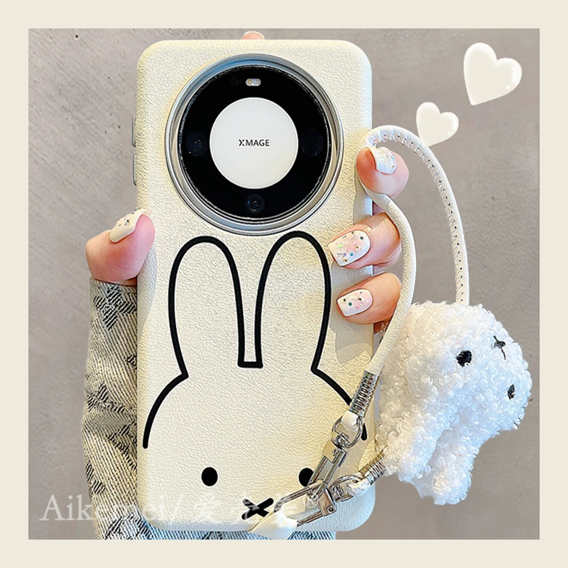 适用华为mate60pro+手机壳秋冬可爱卡通pura70pro+皮纹毛绒米菲兔