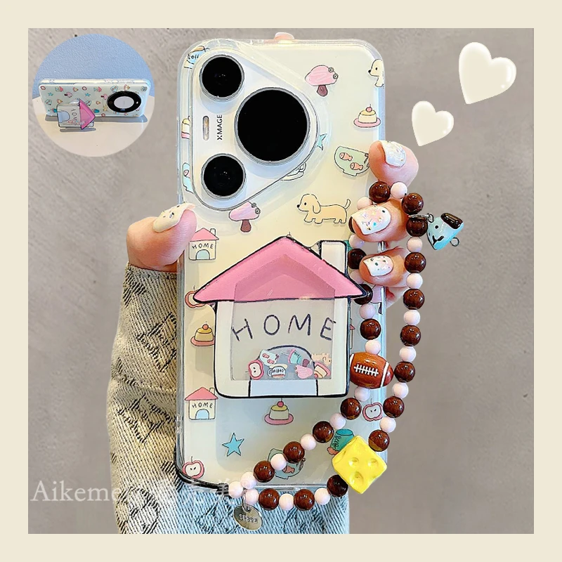 适用华为pura70pro+手机壳可爱粉色屋子mate60pro+小狗摇摇乐支架