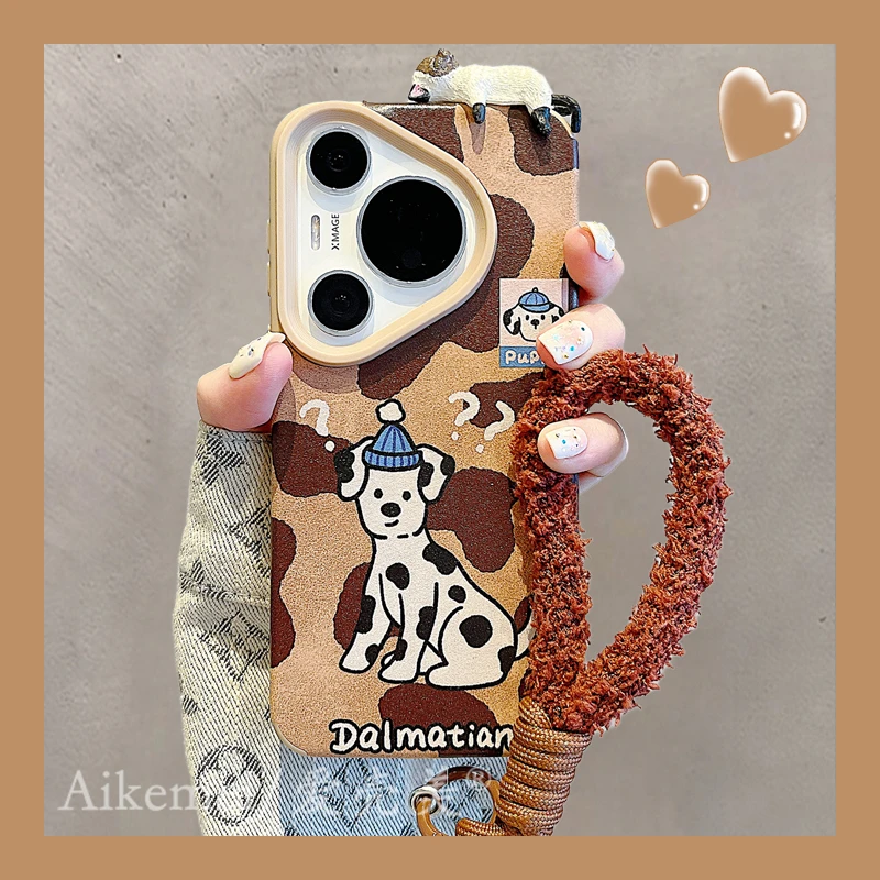适用华为pura70pro+手机壳皮纹斑点狗mate60pro+卡通立体趴趴猫女