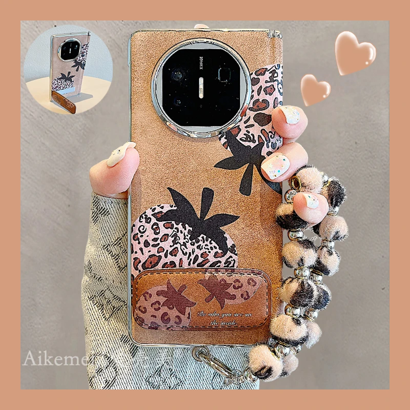 适用华为matex6折叠屏手机壳Matex5典藏版棕色皮质x3豹纹草莓支架