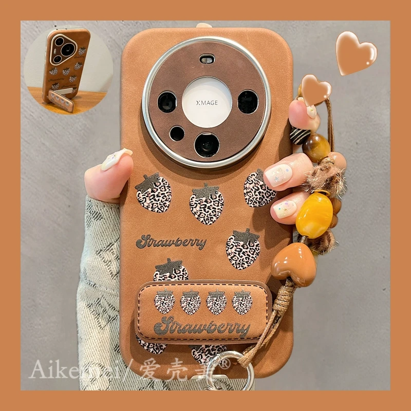 适用华为mate60pro+手机壳mate50pro皮质豹纹mate40pro草莓支架女