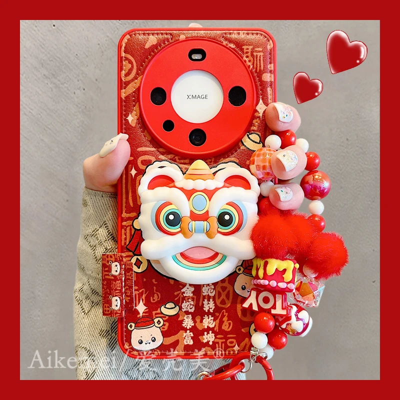 适用华为mate70pro+手机壳新年款皮纹mate60pro+卡通舞狮小蛇支架