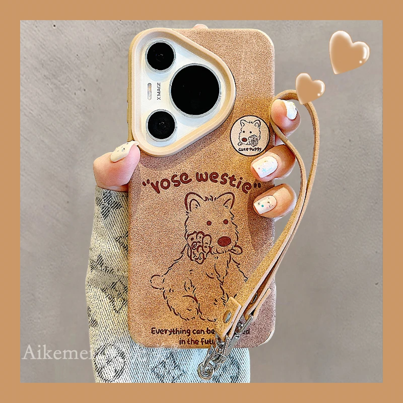 适用华为pura70pro+手机壳棕色皮纹mate60pro+卡通可爱叼花西高地