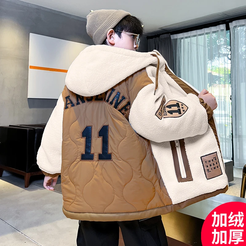 男童冬装加绒厚外套2023新款洋气中大儿童秋冬季男孩羊羔绒毛毛衣