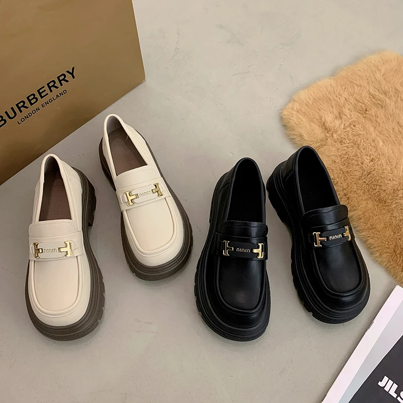 厚底乐福鞋女2024新款夏季一脚蹬百搭黑色鞋子女单鞋英伦风小皮鞋