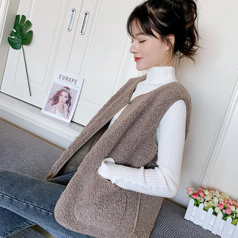 秋冬必备颗粒毛绒马甲女士背心短款加厚保暖外穿纽扣款马夹坎肩26