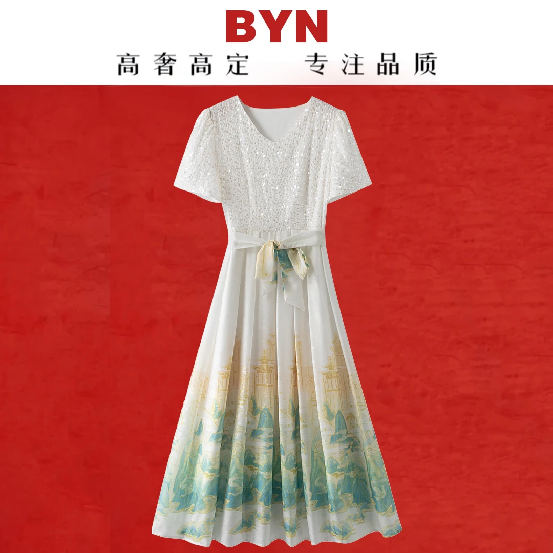 2025重工刺绣连衣裙女薄荷曼波夏季轻奢气质复古收腰设计女裙2438