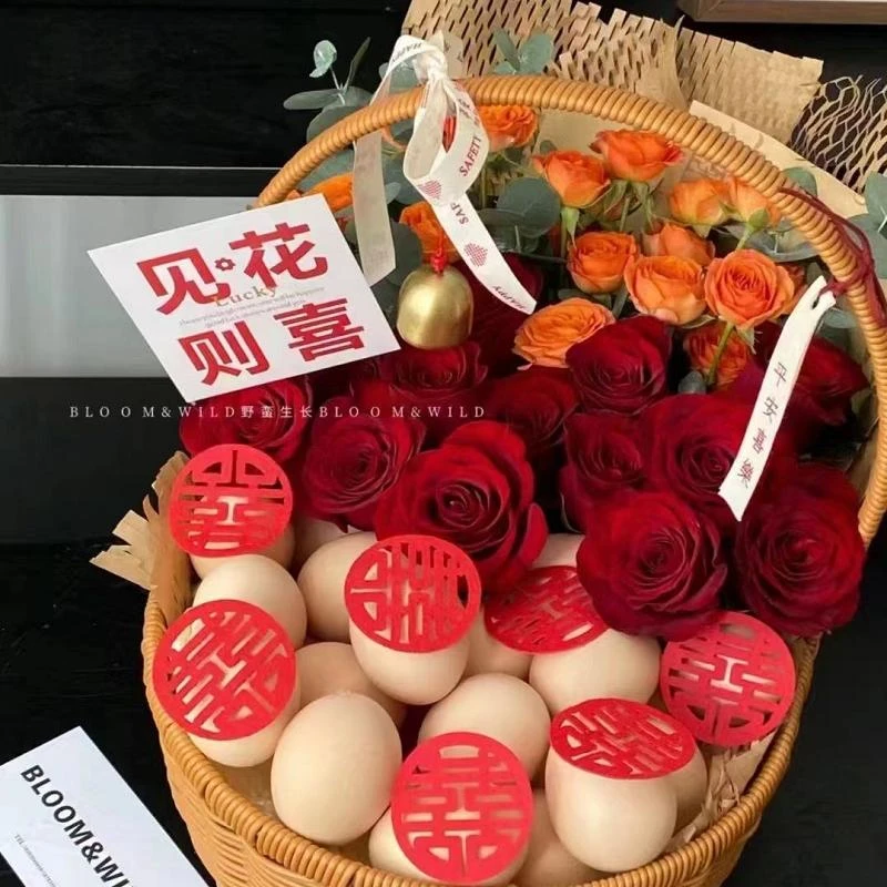 鸡蛋花篮送产妇月子手提篮鲜花大号水果创意礼物木片田园编织篮子