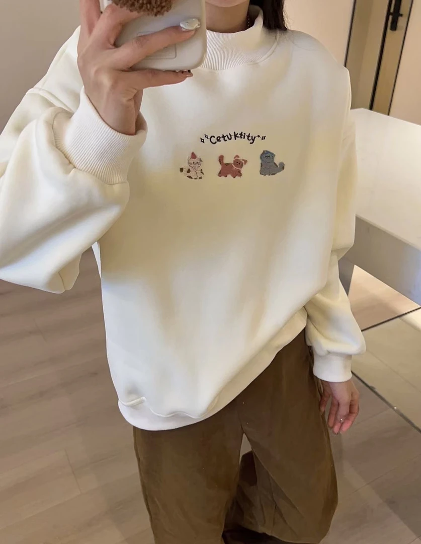 【三只猫】羊糕绒半高领冬季加厚加绒韩系卡通字母休闲百搭卫衣