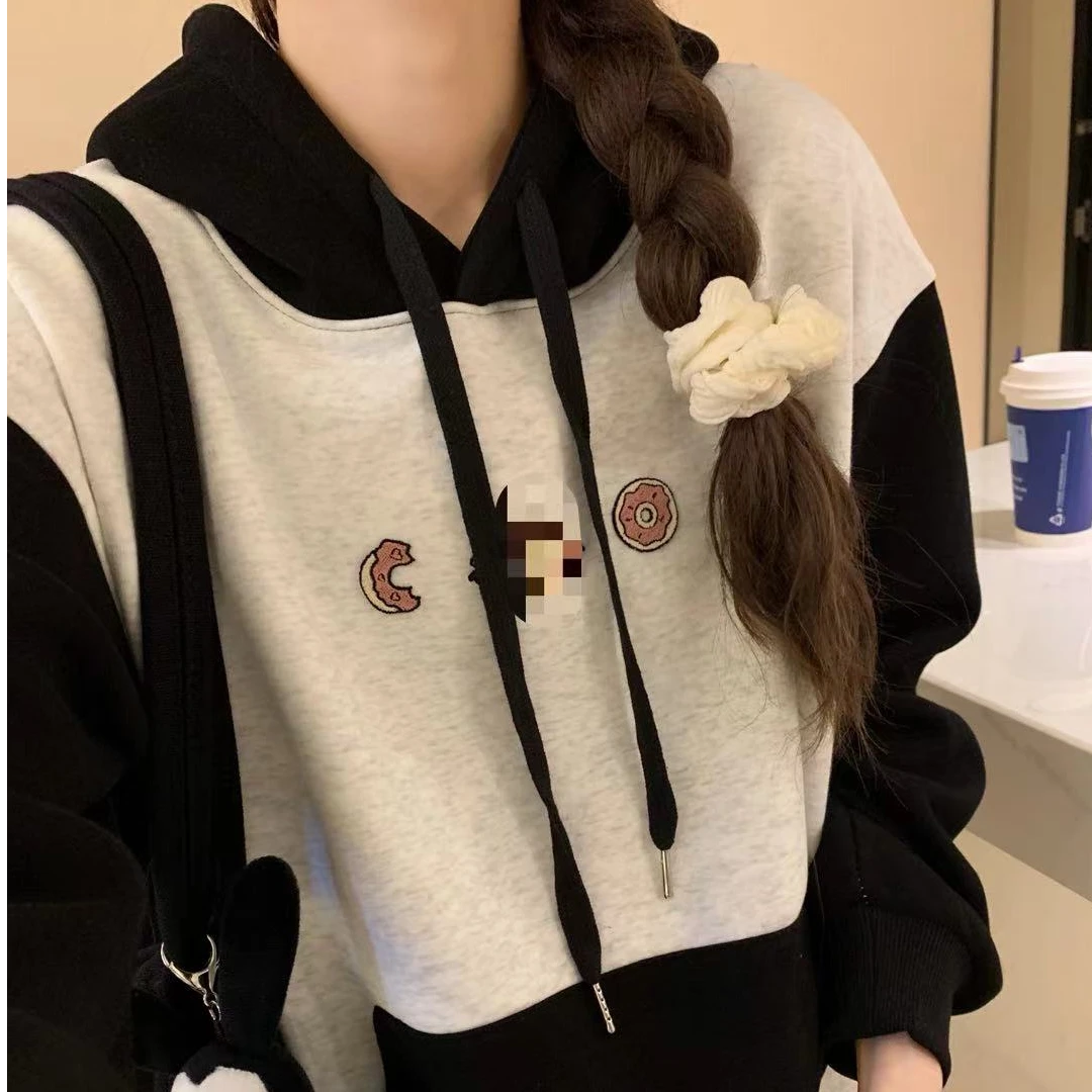 小女孩冬季加绒拼接撞色可爱风宽松连帽长袖学生韩版时尚卫衣