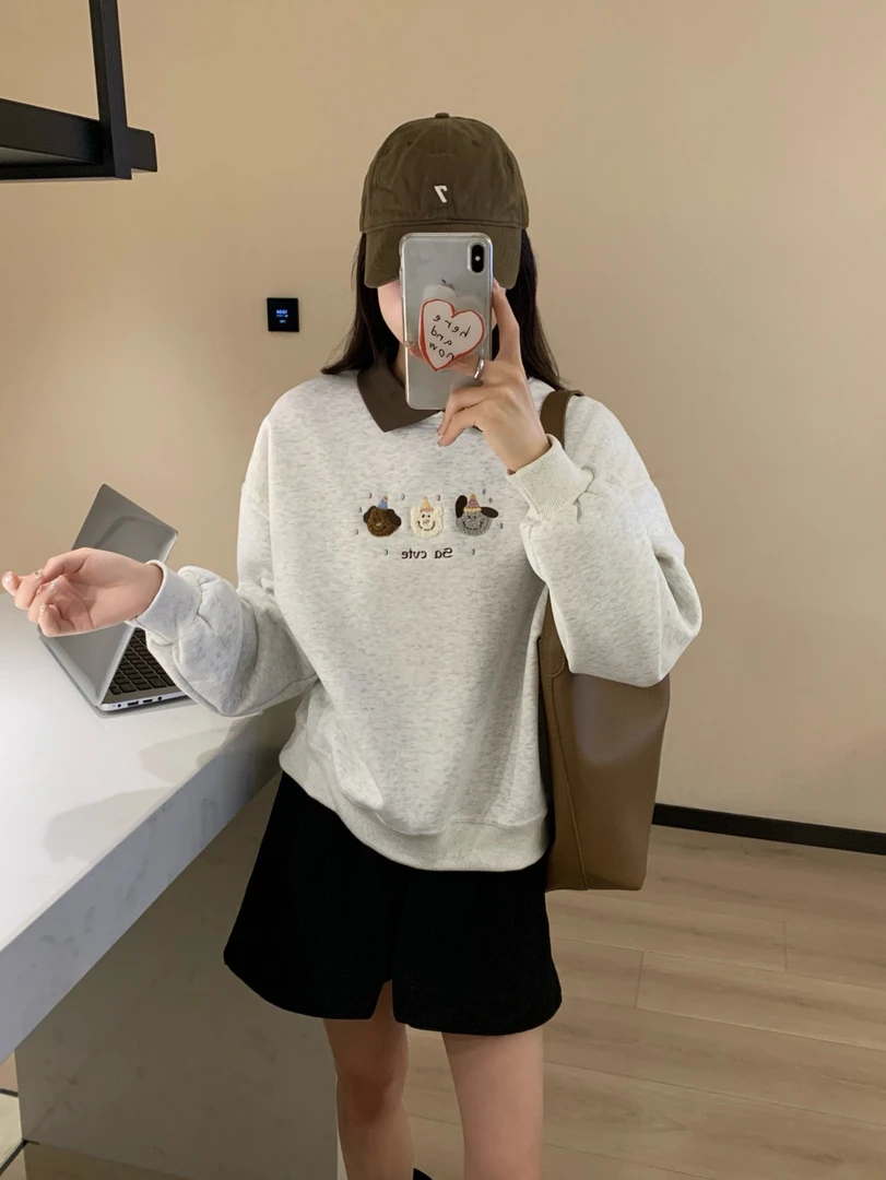 Polo领加绒冬季学院风圣诞熊卫衣女小个子慵懒风内搭上衣