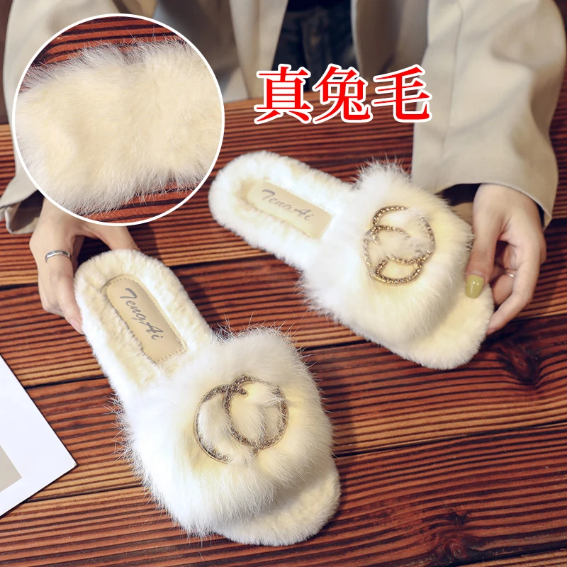真兔毛毛拖鞋女外穿网红2024春秋新款百搭平底仙女居家棉拖ins潮