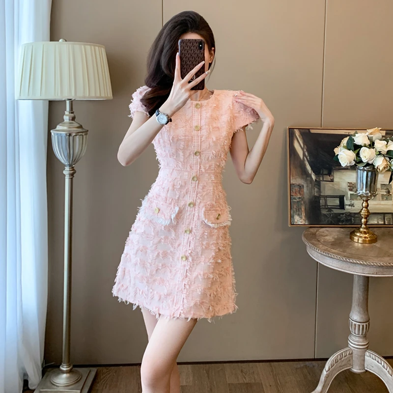 夏季气质修身名媛高端女装夏天甜美裙子女小个子a字小香风连衣裙