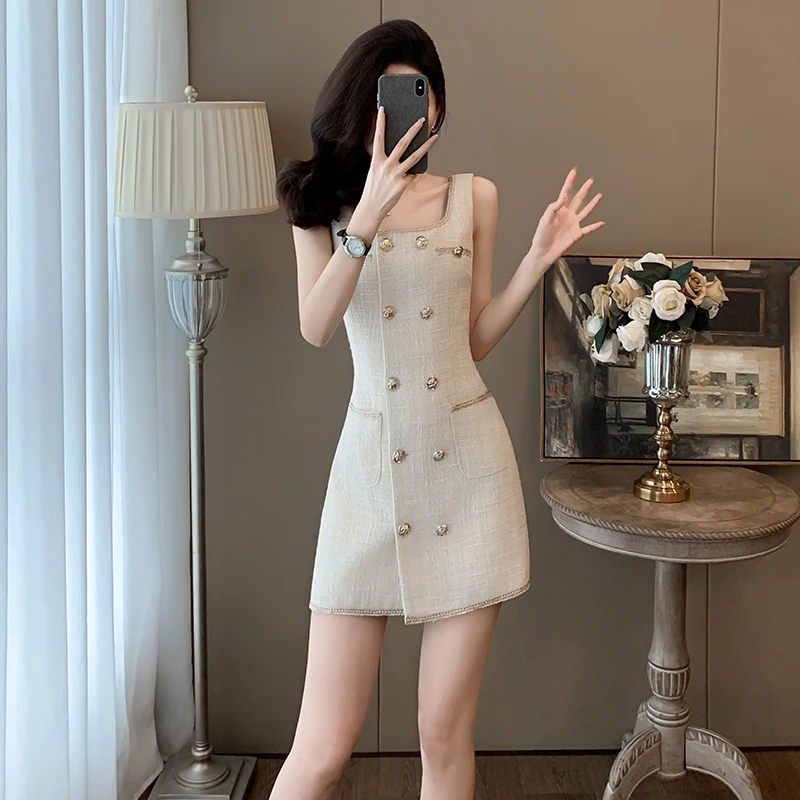 夏季少女感减龄洋气修身无袖背心裙小个子小香风连衣裙女高级感