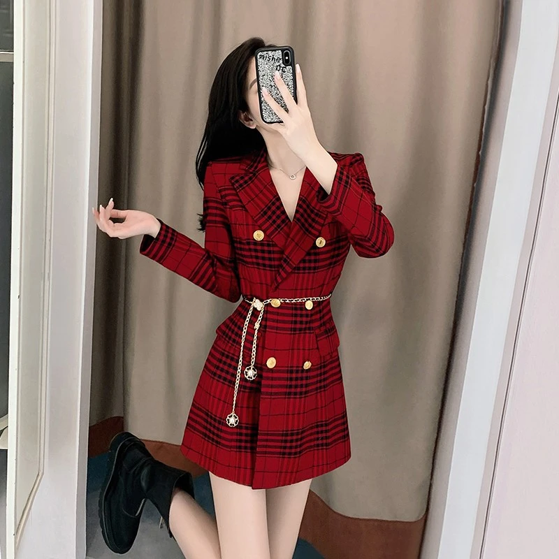 气质女神范设计感裙子女早秋敬酒服新娘红色长袖西装连衣裙高级感