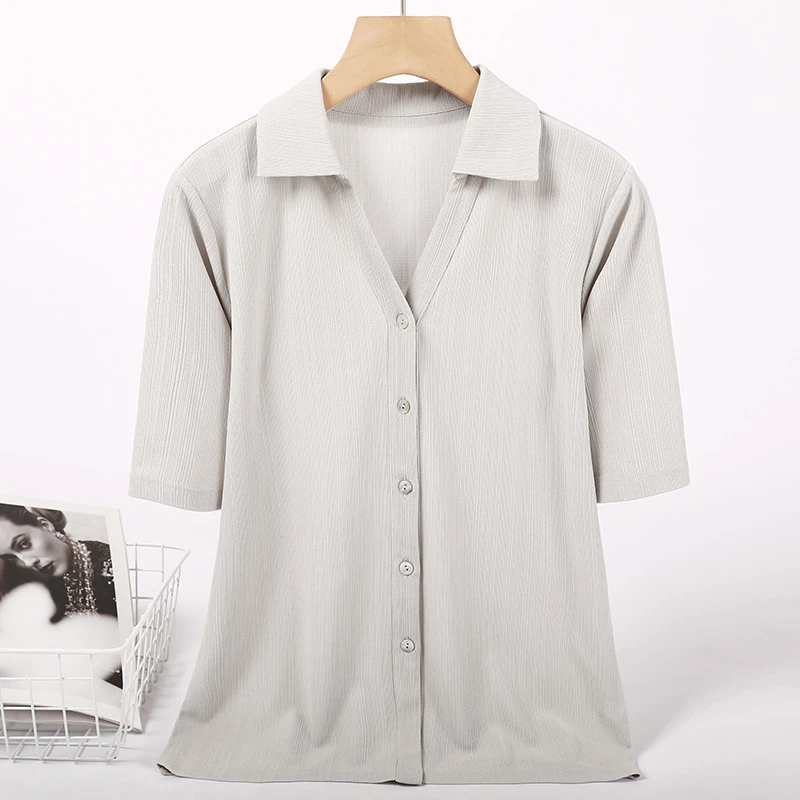 LANZIBES/蓝之蓓真丝加捻异形螺纹翻领T恤五分袖桑蚕丝上衣Z5922