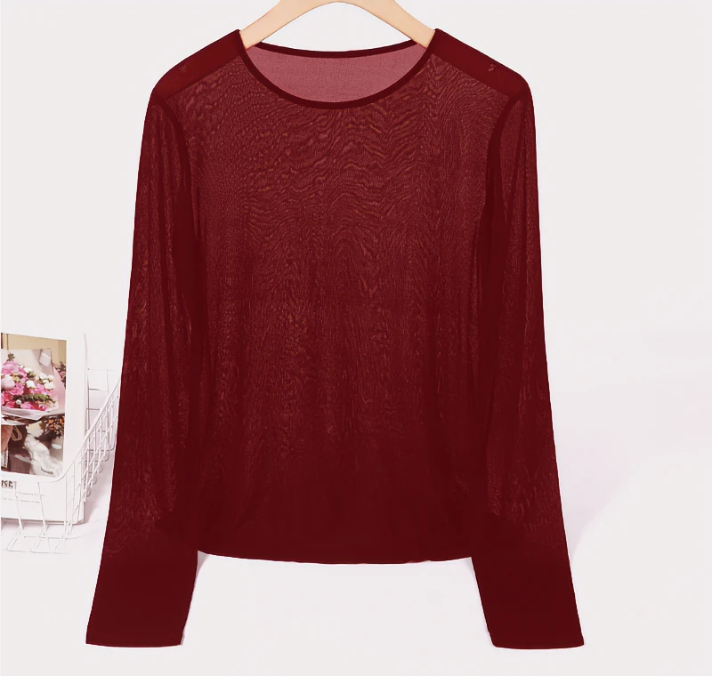 主播推荐女士桑蚕丝加捻圆领轻薄款舒适修身长袖套头上衣 C4460