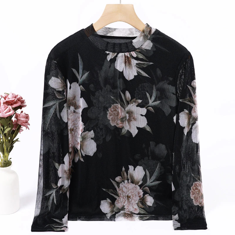 LANZIBES/蓝之蓓真丝网纱气质长袖打底时尚印花半高领上衣C5151