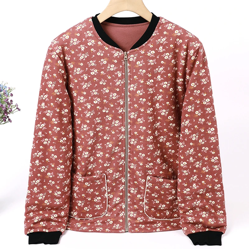 LANZIBES/蓝之蓓秋冬桑蚕丝棉服印花保暖休闲圆领长袖上衣C5419