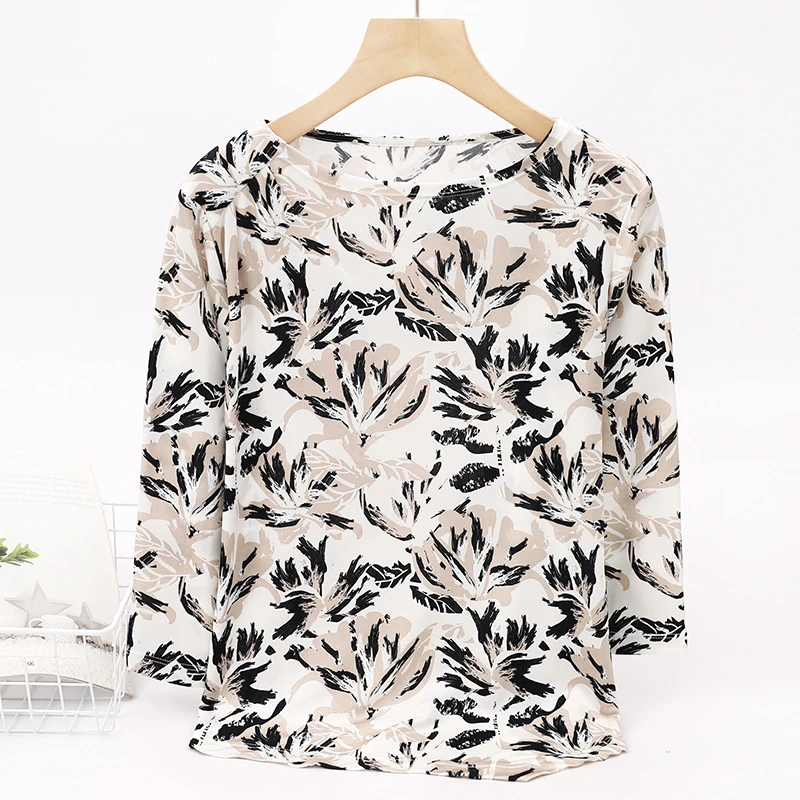 LANZIBES/蓝之蓓真丝气质七分袖T恤桑蚕丝圆领宽松显瘦上衣 Z6057