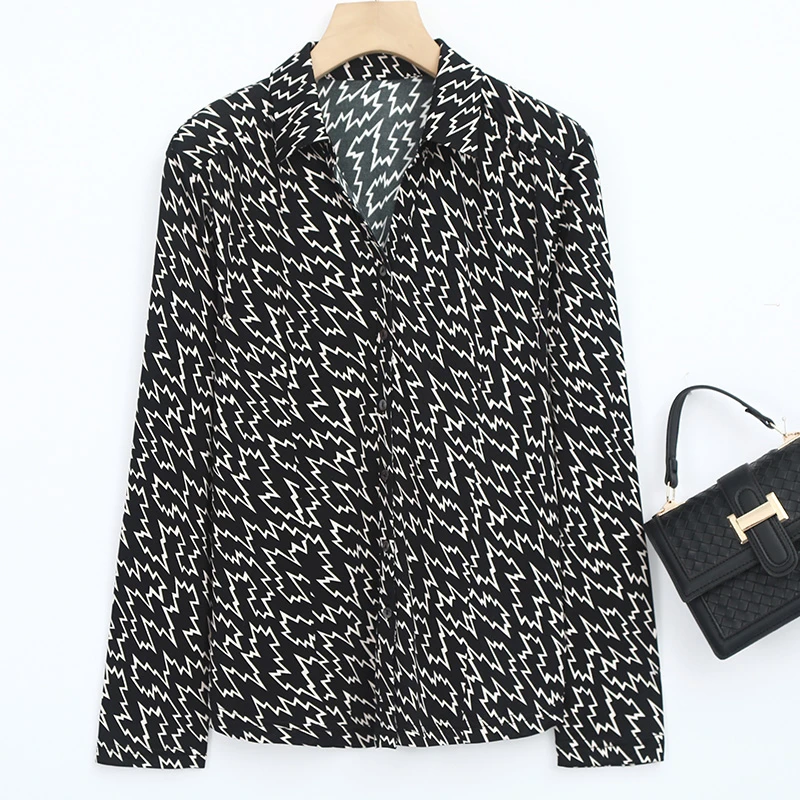 LANZIBES/蓝之蓓真丝针织翻领长袖衬衫时尚印花桑蚕丝开衫C7209