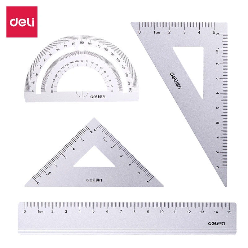 Deli/得力套装尺子铝合金文具中小学生三角板量角器学习用品