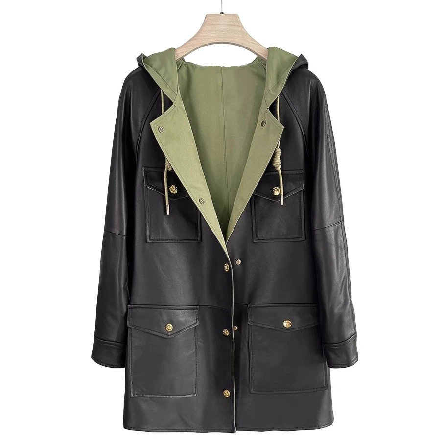 程总专属 皮衣时尚休闲百搭宽松中长款韩版5826连帽外套杨幂同款