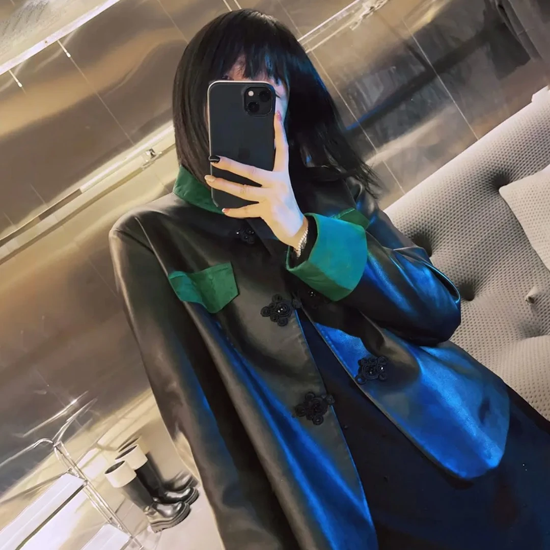 【包婆专属】新中式国风皮衣设计师复古提花轻奢重工短款绿色皮外套