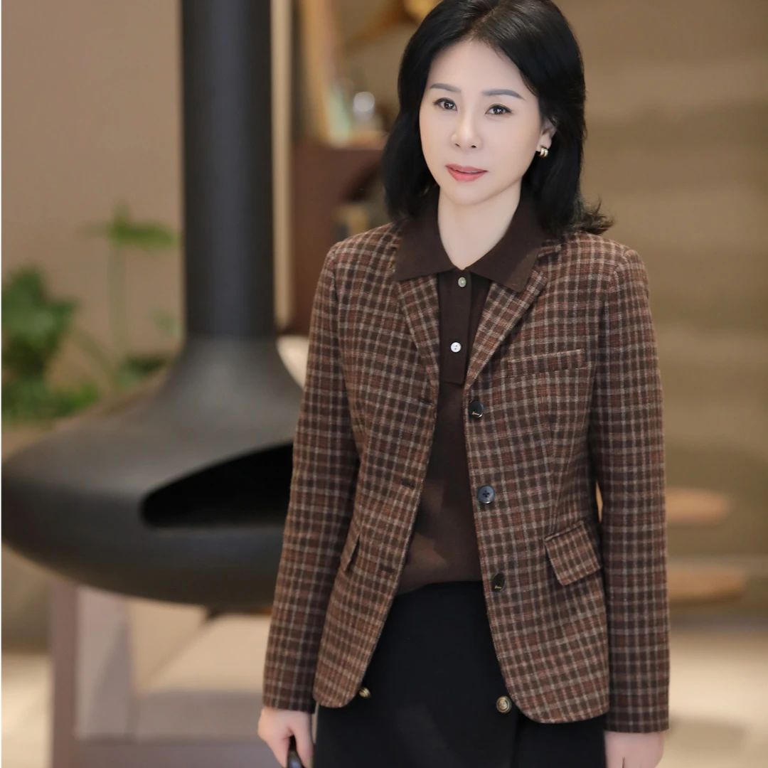 【杜小小】“英伦时尚”秋冬气质洋气休闲百搭格子羊毛西服外套855