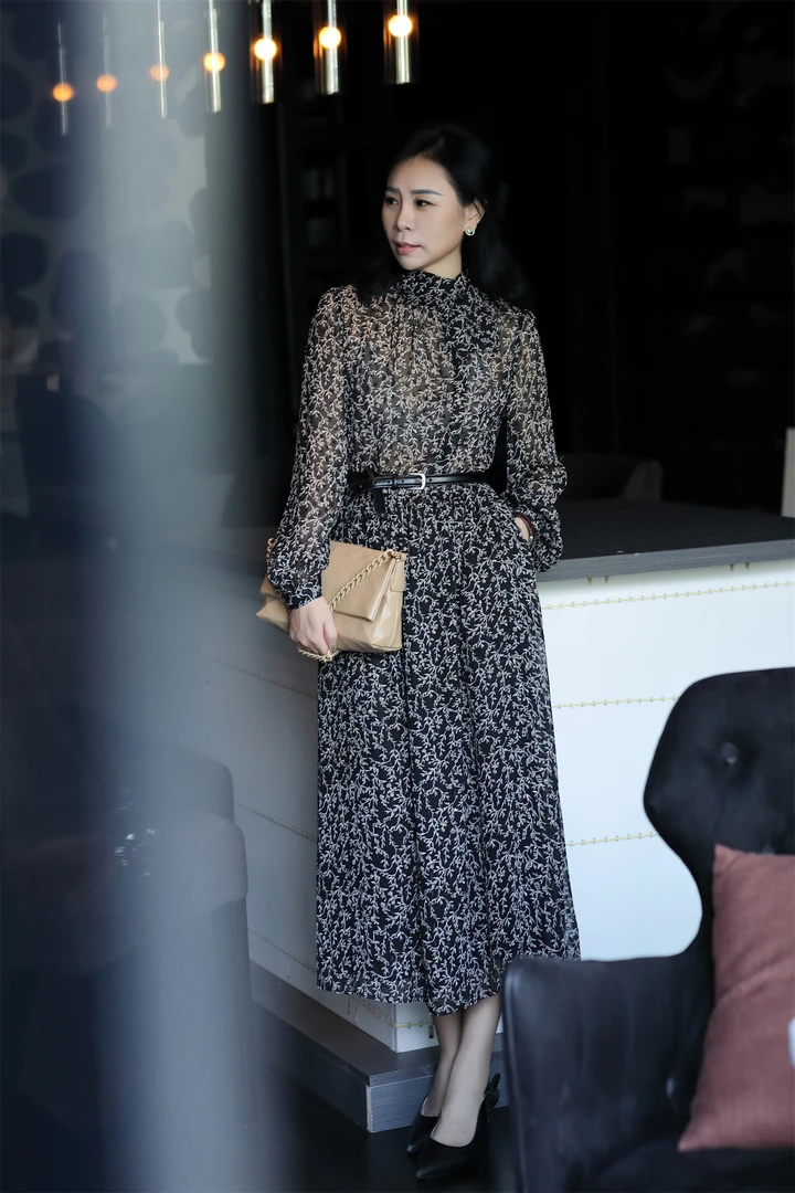 【杜小小】设计感领口飘带修身显瘦时尚气质印花长袖中长款连衣裙91