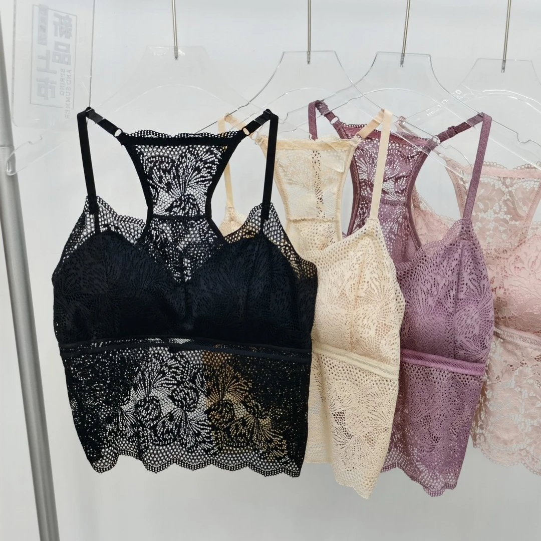 夏季法式性感蕾丝薄款女自带杯垫后背可调节打底吊带背心抹胸内衣