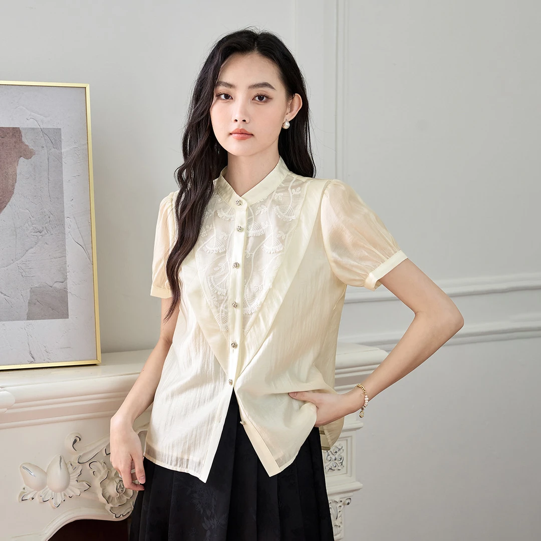 诗萌温夏季气质显高质感婉大方女装百搭正肩上衣