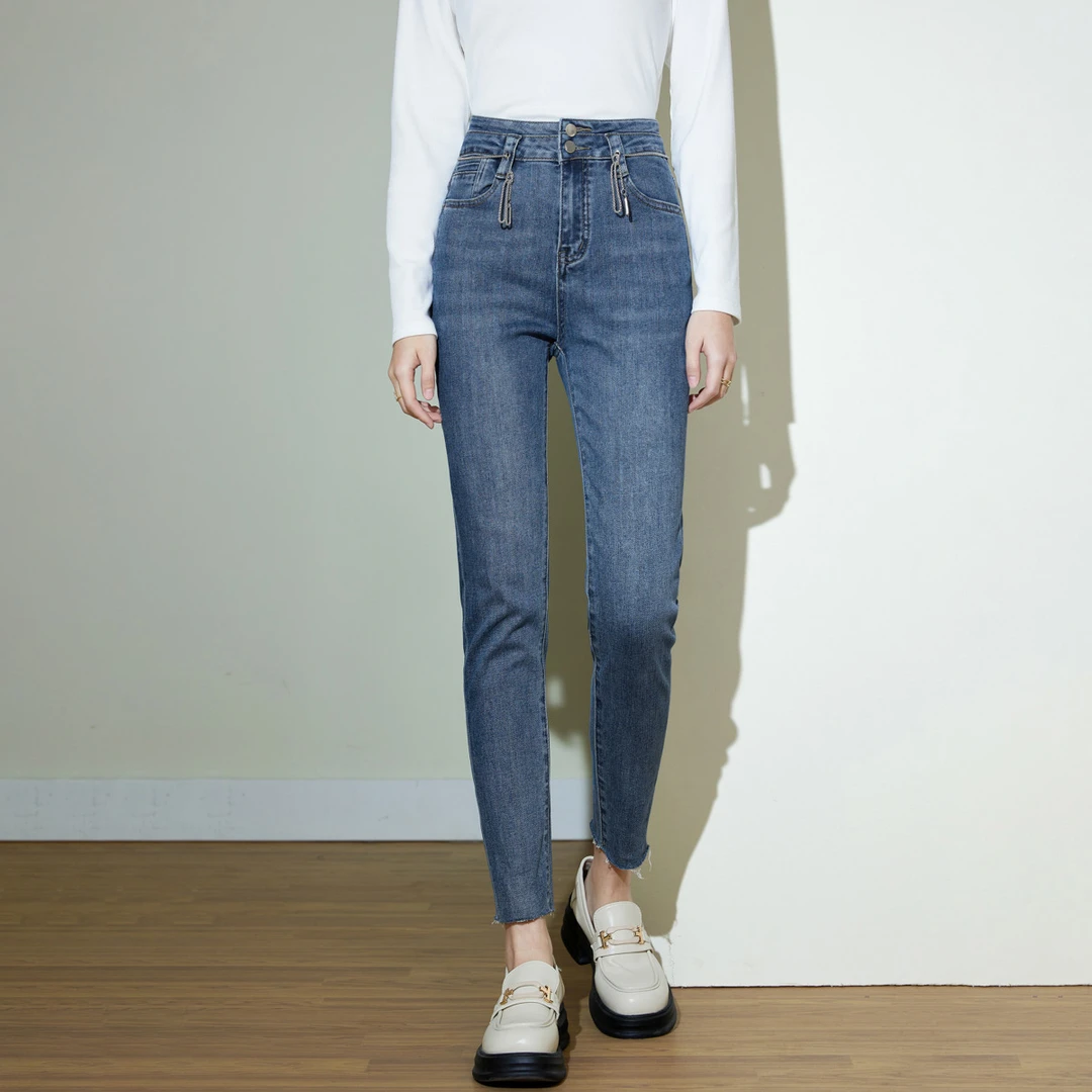 【商场同款】Smen诗萌小脚裤高腰修身牛仔裤2024秋季新款显瘦时尚