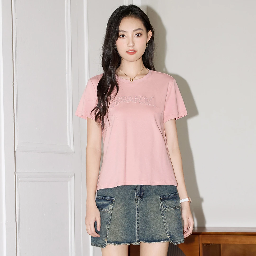 诗萌极简百搭T恤夏季短袖圆领气质时尚空纱字母绣花简约上衣女