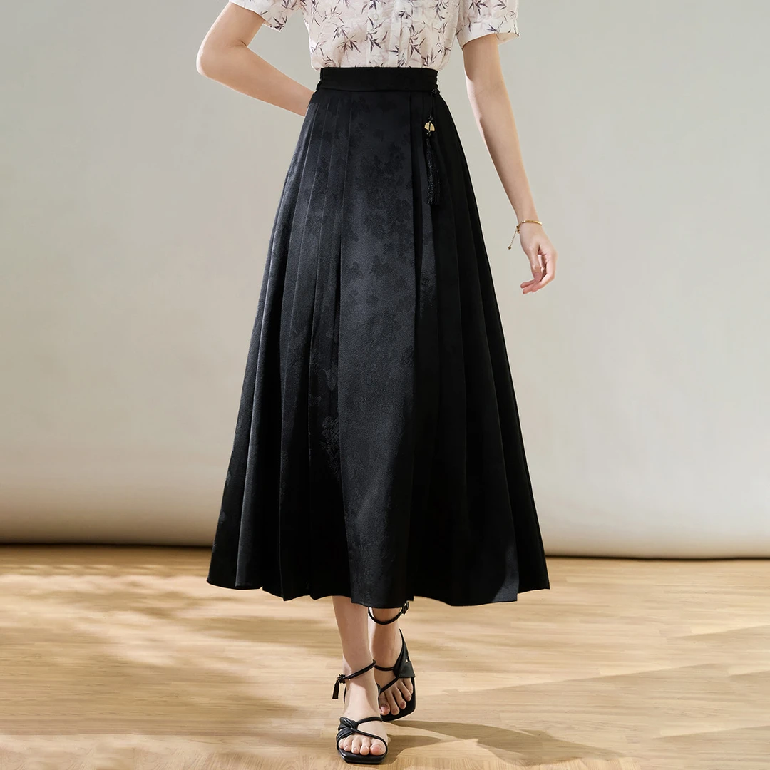 诗萌新中式国风提花改良百褶半身裙2025夏蒲扇吊坠装饰气质马面裙