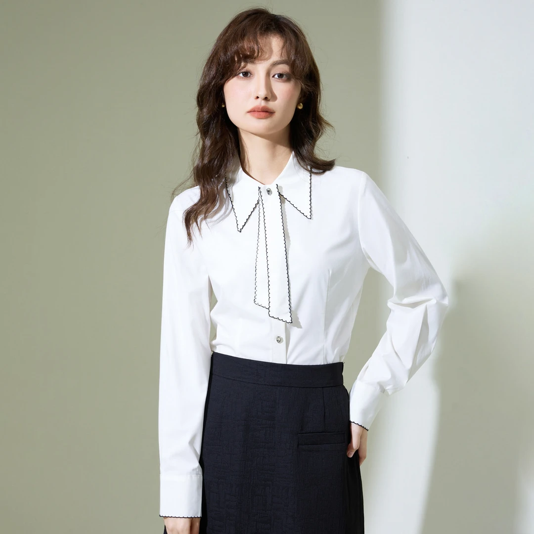 【绣花工艺领结】2024秋款设计感百搭翻领衬衫通勤职业上衣女