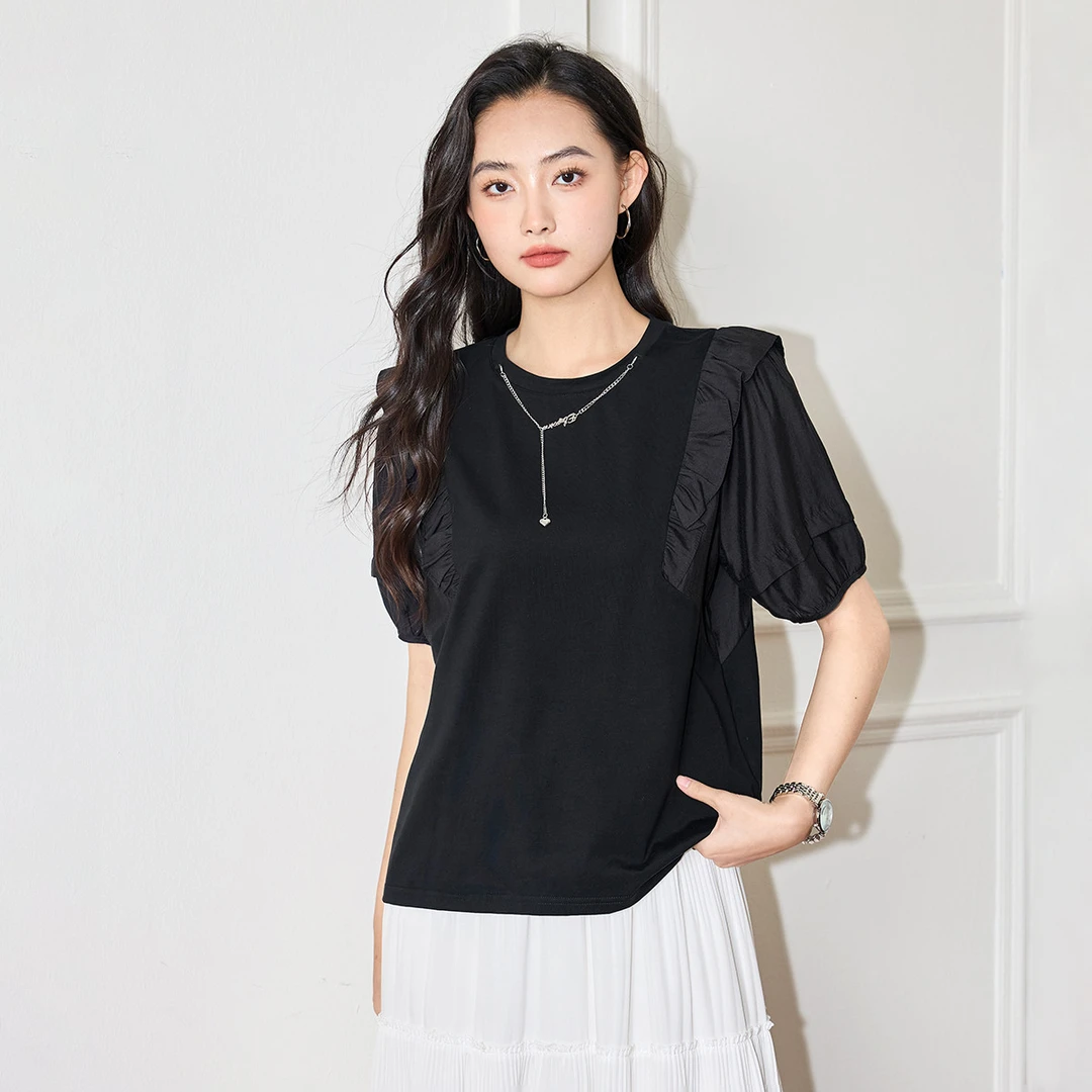 【金属链条装饰】荷叶边短袖t恤女夏季宽松圆领设计感小众上衣女