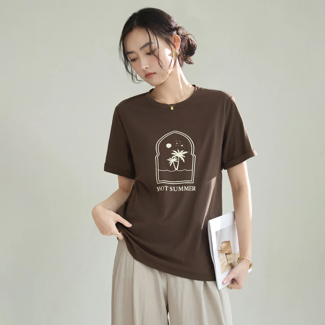 诗萌夏装设计感百搭休闲直筒圆领印花T恤女宽松舒适短袖小衫时尚