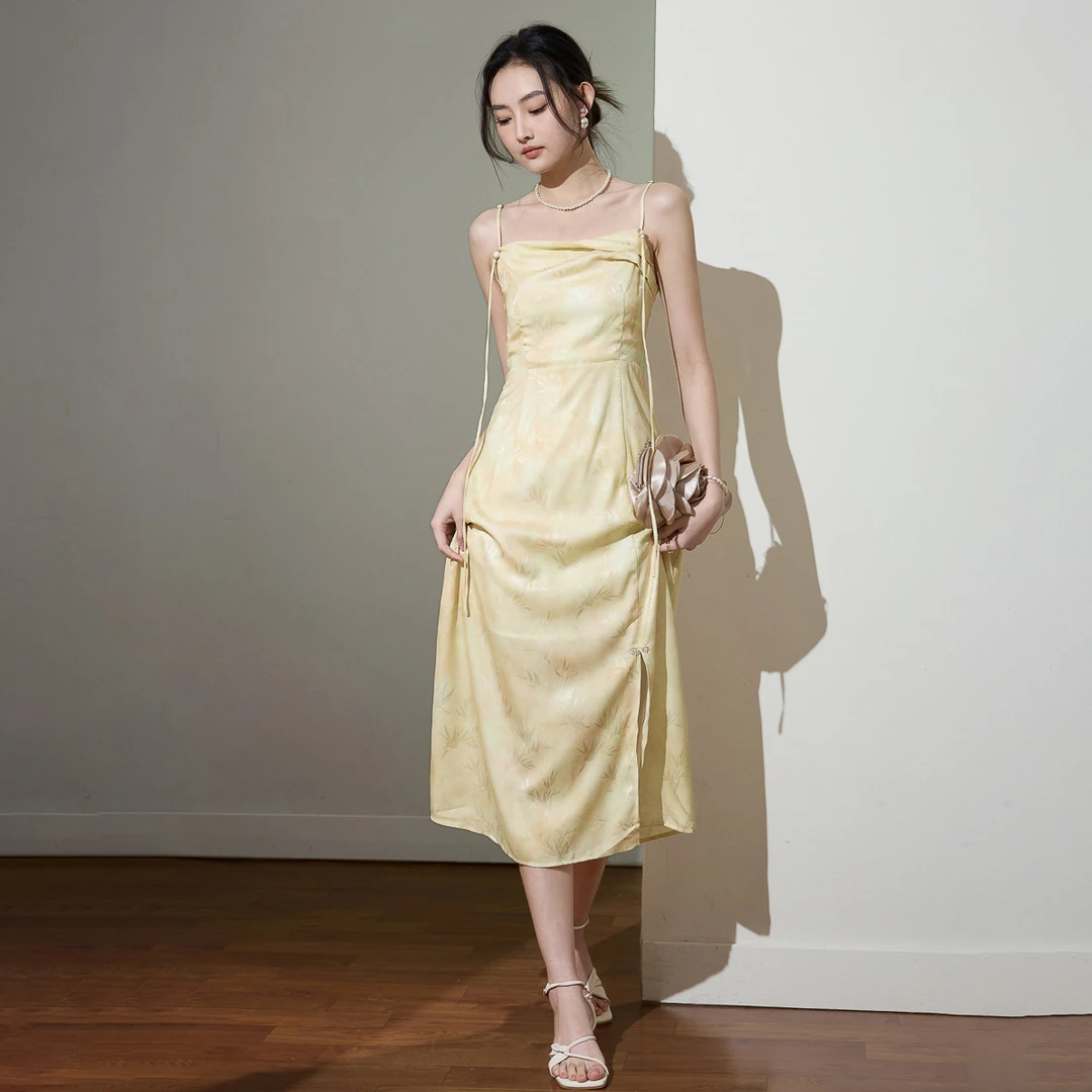 诗萌新中式提花无袖吊带连衣裙高级感夏季高腰显瘦中长裙温婉大气