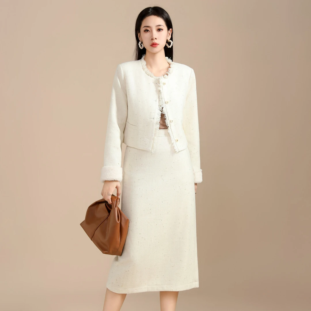 【法式小香风套装】春秋款时尚气质流苏拼接外套搭半身裙两件套女