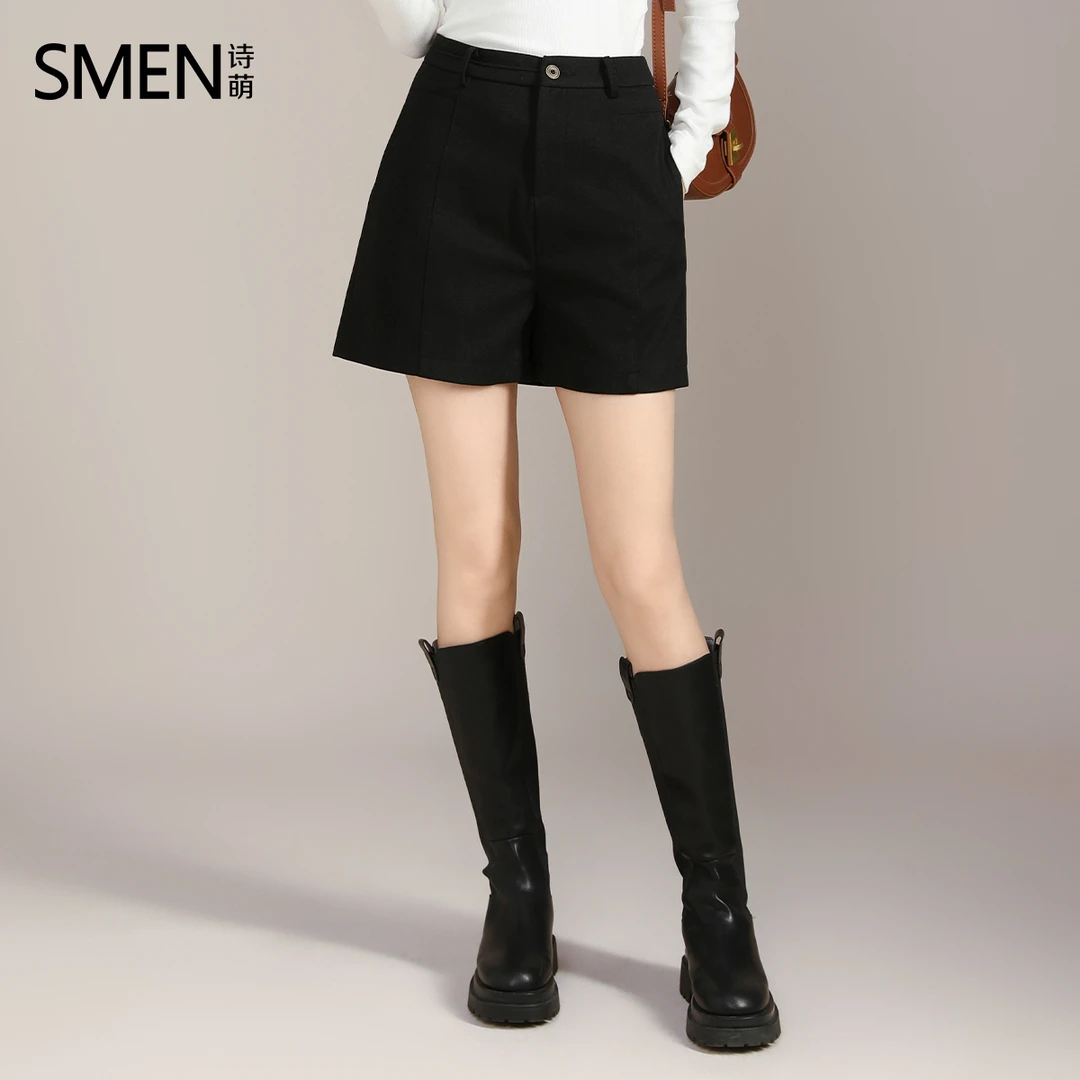 【商场同款】Smen诗萌毛呢短裤2023秋冬新款高腰显瘦遮胯休闲裤裙