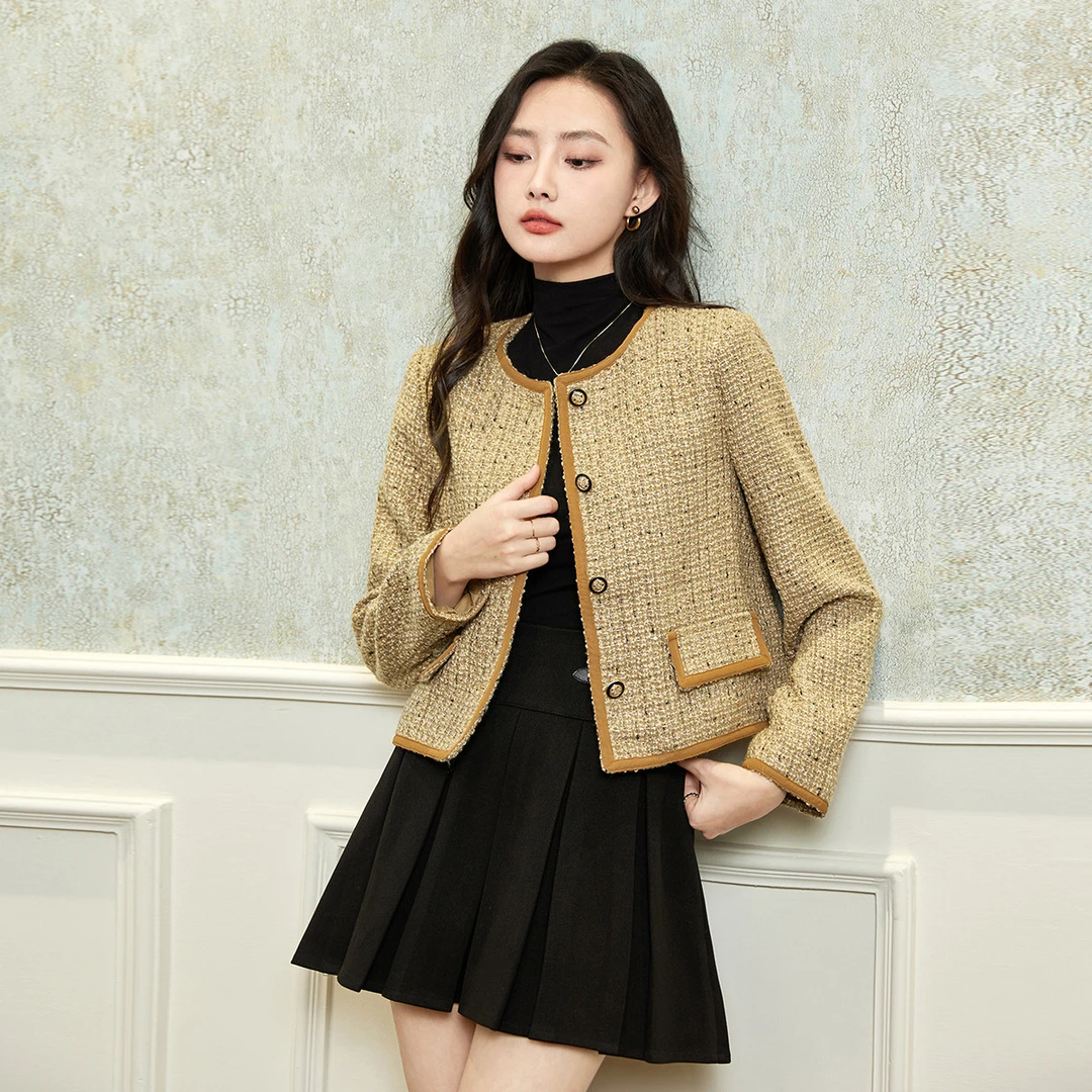 法式复古气质摩登短款上衣秋冬款含绵羊毛小香风名媛粗花呢外套
