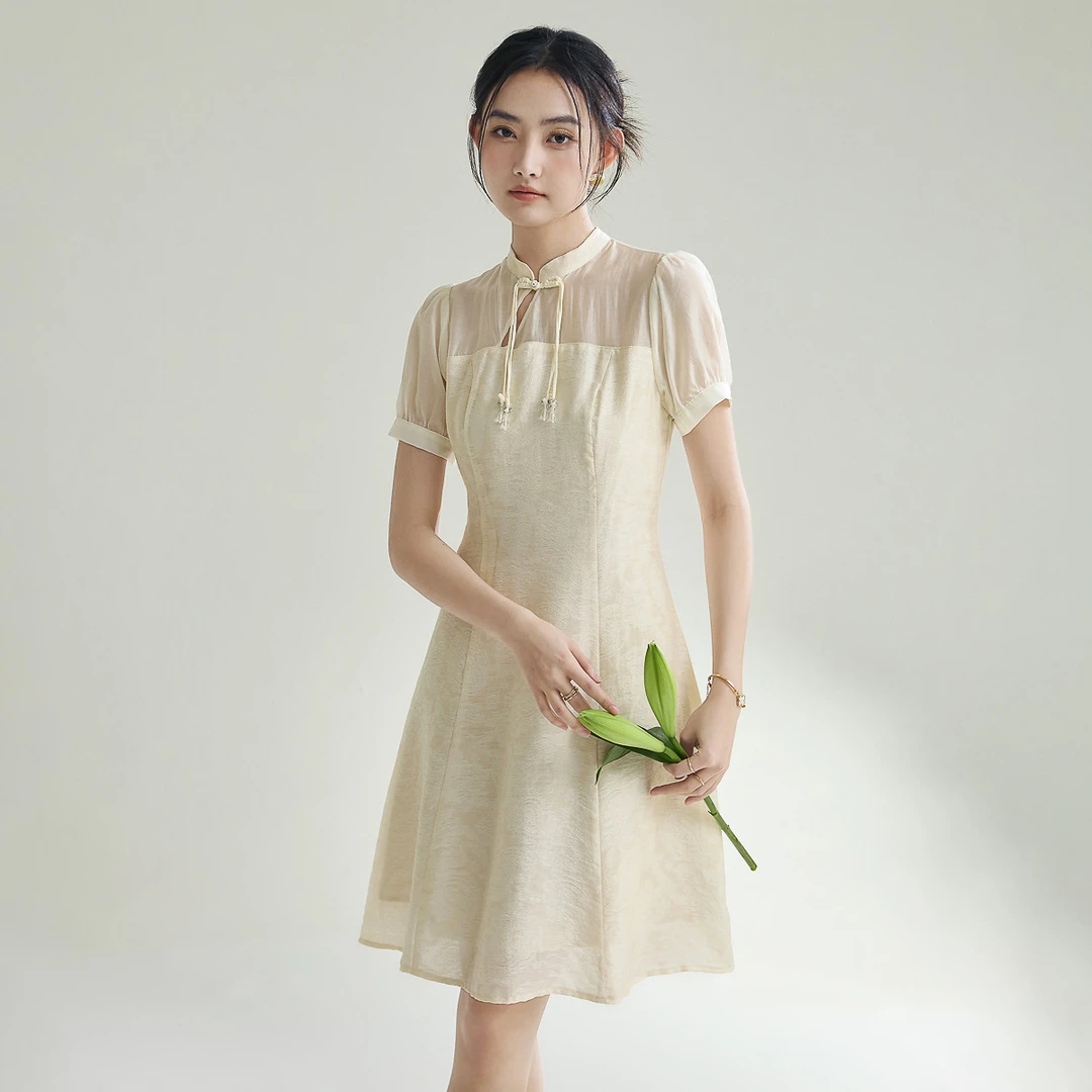 诗萌莱赛尔新中式国风拼接气质连衣裙女夏季别致立领盘口中长裙女