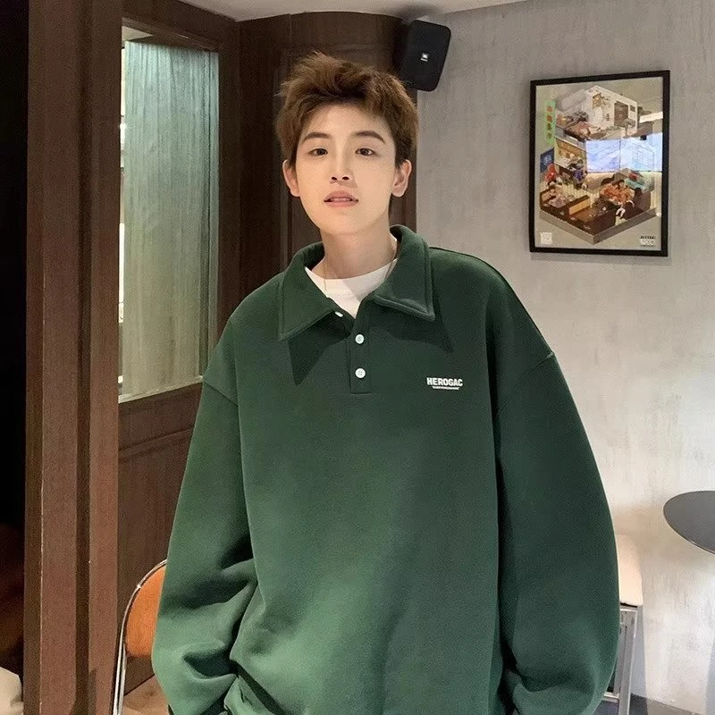 新款美式复古polo衫长袖日系墨绿色卫衣男春秋美式潮牌无帽plol衫