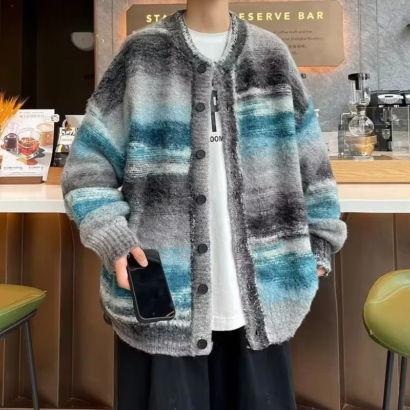 开衫毛衣男士痞帅条纹撞色针织衫美式复古百搭宽松线衣外套
