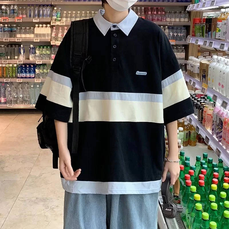 夏季新款港风条纹polo衫短袖男ins潮流宽松青少年翻领半袖体恤衫