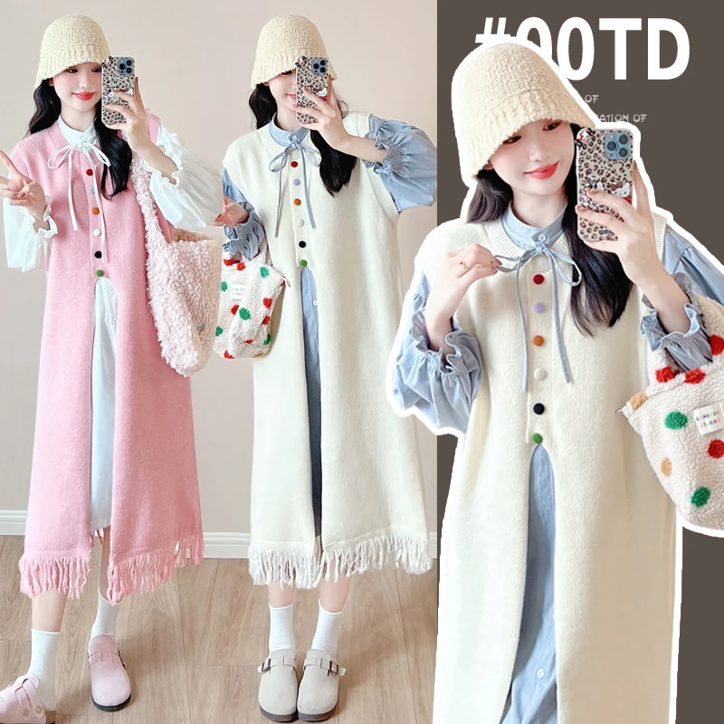 孕妇装日系文艺复古前后压褶系带圆领磨毛单排扣宽松衬衫连衣裙