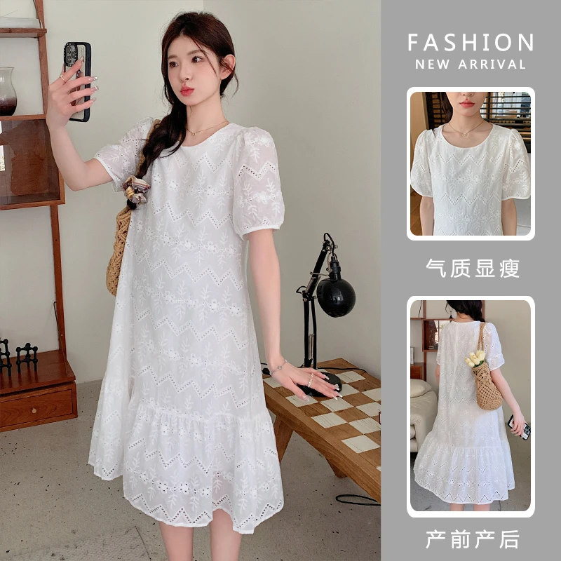 2024新款孕妇装纯色茶歇法式连衣裙圆领韩版宽松显瘦复古连衣裙